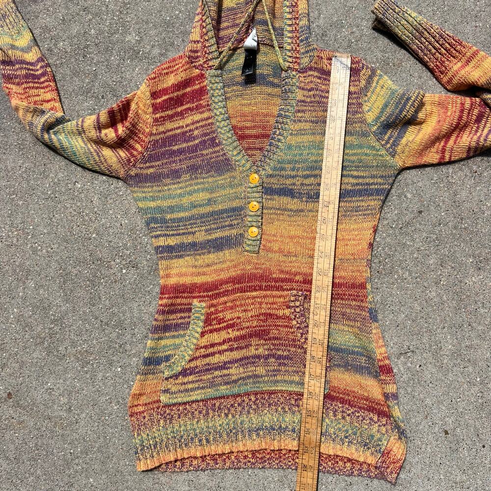Vintage Y2K Love Rocks Multicolor Fall Hooded V Neck Button Sweater Pocket SMALL - Picture 8 of 9
